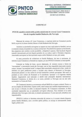 PNTCD 1 Comunicat Aurelian Pavelescu Cazul Bodnariu